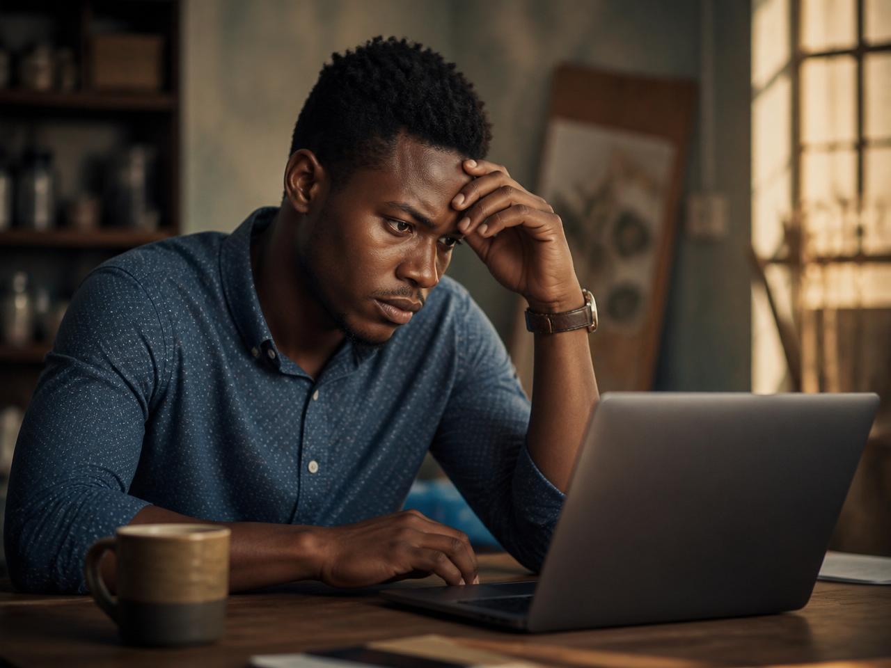Entrepreneur africain concentré face à son ordinateur, entre frustration et ambition