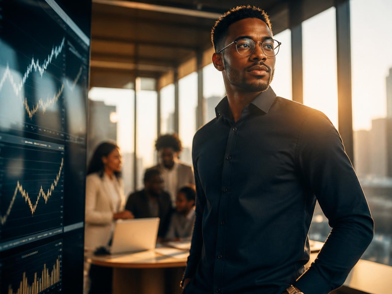 Entrepreneur confiant dans un bureau moderne avec équipe et graphiques de croissance