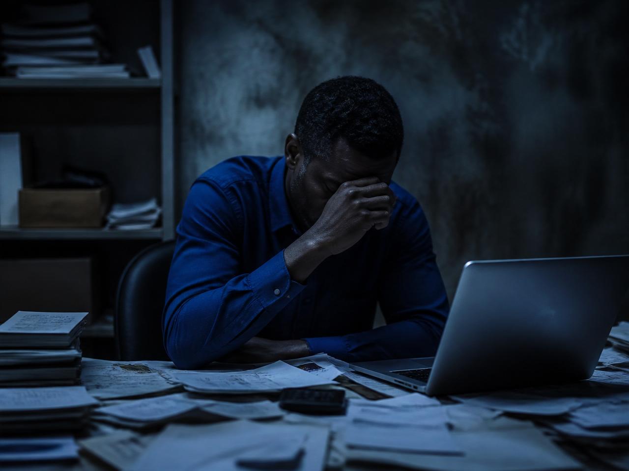 Entrepreneur seul, surchargé de paperasse, atmosphère froide